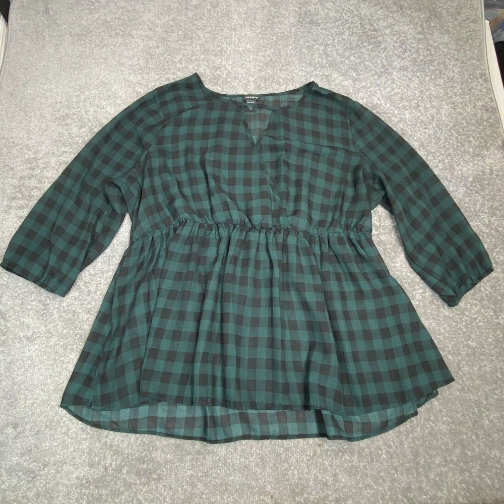 Torrid Blouse Plus Women 2X Green Black Plaid Empire Waist Faux Wrap Sheer Shirt